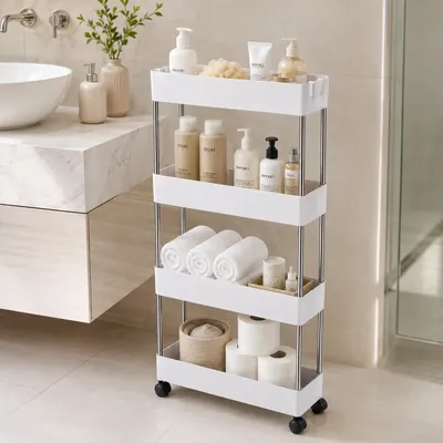 Carrito Organizador de Baño de Tres Niveles con Ruedas y Cestas Acrílicas Transparentes